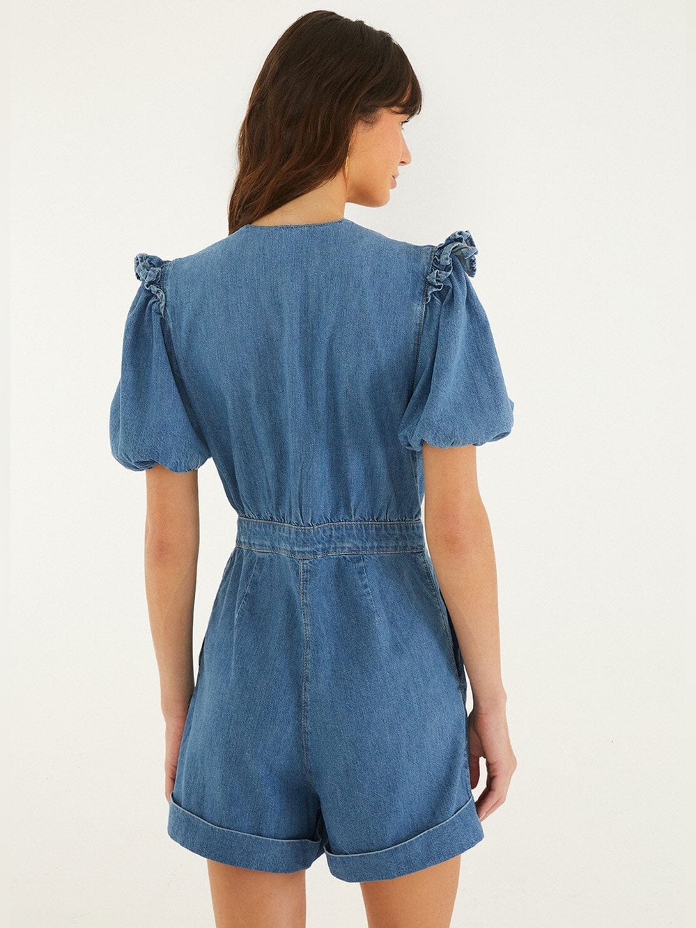 Farm Rio: Denim Ruffled Puff Sleeve Romper - Picture 2 of 10